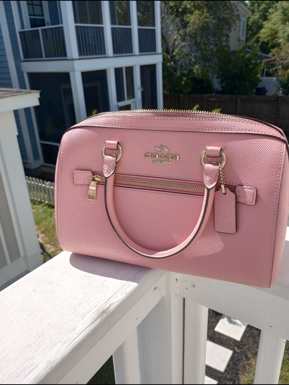 Coach Pink Saffiano Leather Satchel with Gold Hardware
